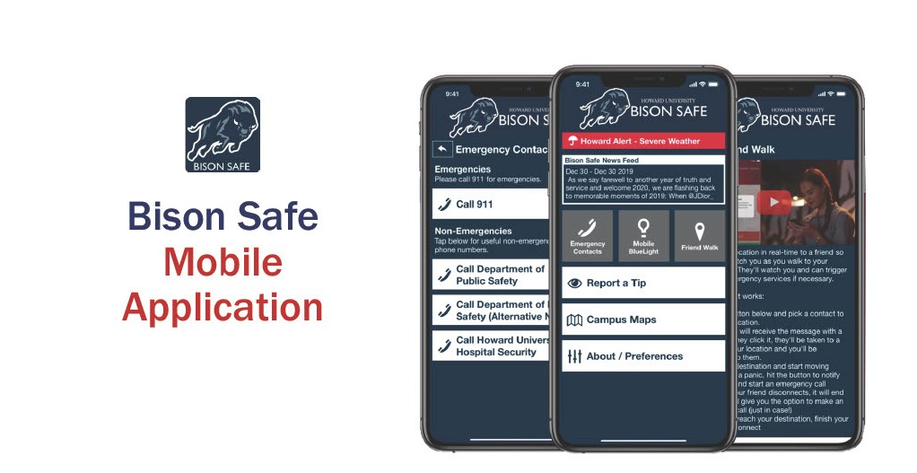 Image of 3 phones showing the BISON SAFE app