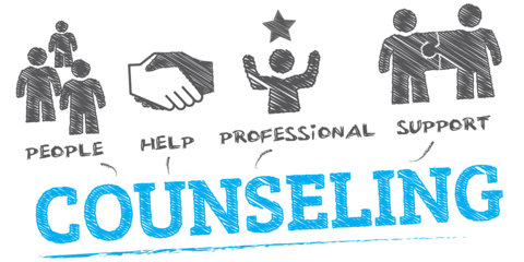 The word "Counseling" with simple drawings to represent "people", "help", "professional", and "support".