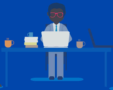 A cartoon illustration of a man working at a desk with a laptop and coffee.