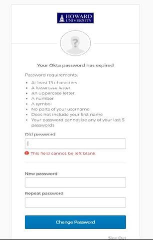 Okta password reset field
