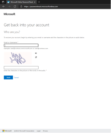 The Microsoft Office Password Reset page displaying a captcha.
