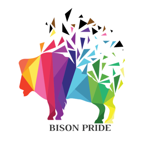 Rainbow colored Bison with colors bursting from its back, standing over the words "Bison Pride."