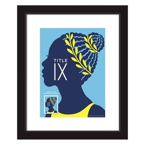 Framed Title IX postage stamp featuring silhouette of black woman gymnast.