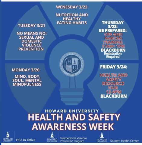 Blue background with a lightbulb above the words, "Howard University HEALTH AND SAFETY AWARENESS WEEK," radiating with the listing of the week's events surrounding the bulb.. 