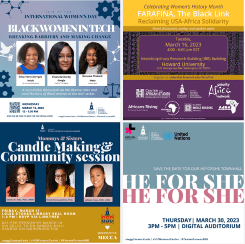 Four HU Women's History Month event flyers. Details available at link.