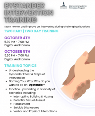 Flyer advertising two-day Bystander Intervention Training from IVPP, with image of two hands grasping each other's wrists.