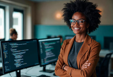 Lady with an afro smiling in front of computers with code on them