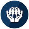 Icon with hands holding people and the world to demonstrate societal impact