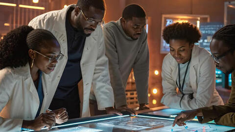 Students of color wearing white labcoats in a classroom and reviewing a screen.