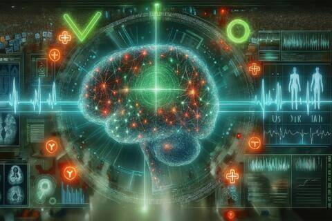 a brain floating with neurons and math equations circling it