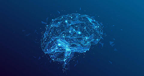Digital depiction of a brain made of light against a dark background