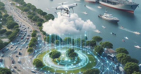 AI image of busy highway with many cars driving along a roundabout, alongside water with many ships and boats. A drone flies overhead and beneath the drone is a cloud with glowing lines of energy indicating data points along the roundabout and beyond.